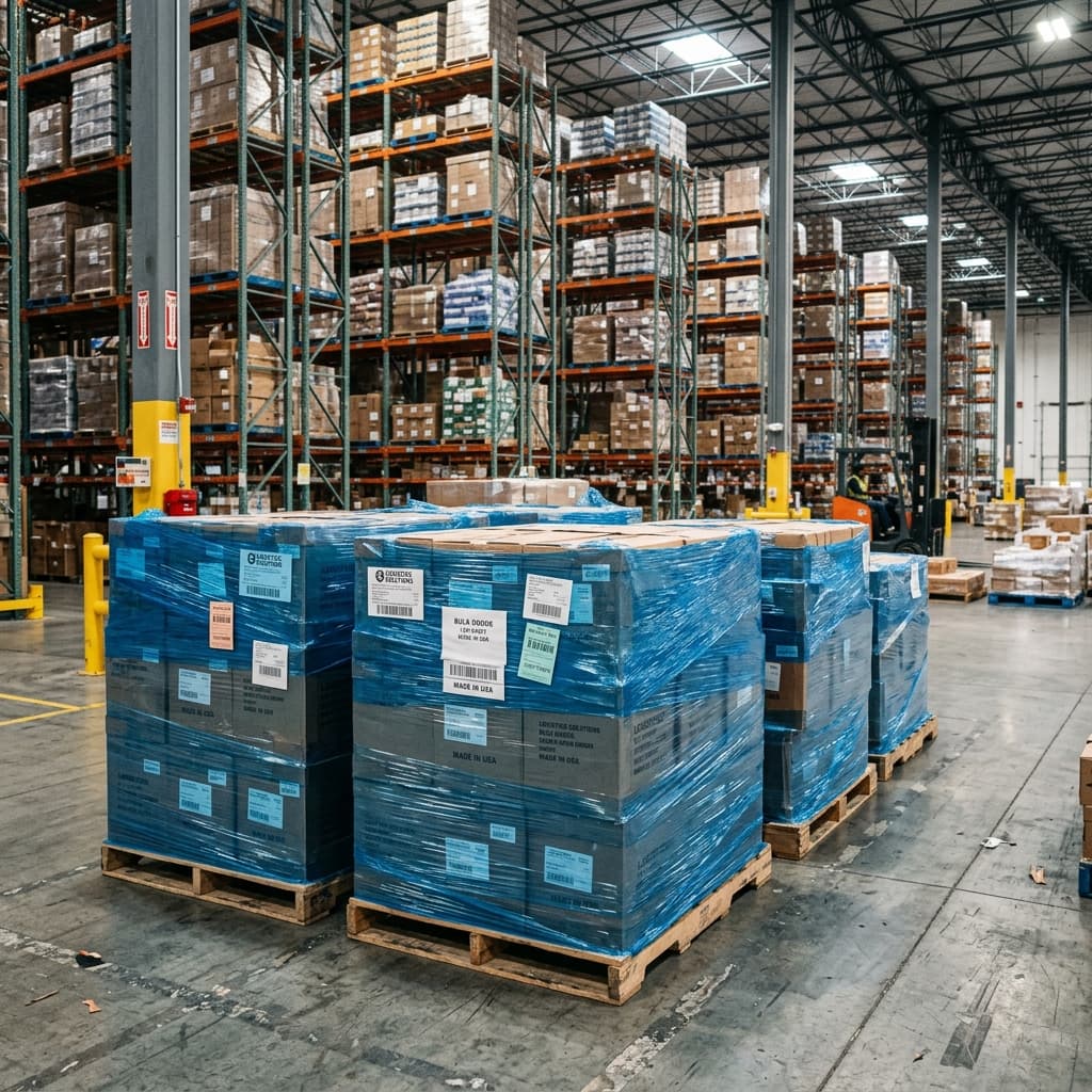 Blue plastic wrapped pallets in warehouse