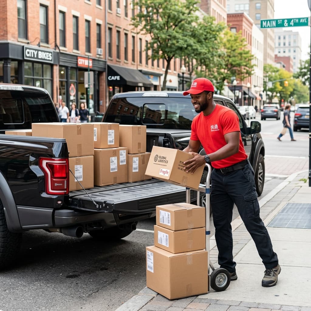 Delivery person loading packages onto a trolley from a pickup truck