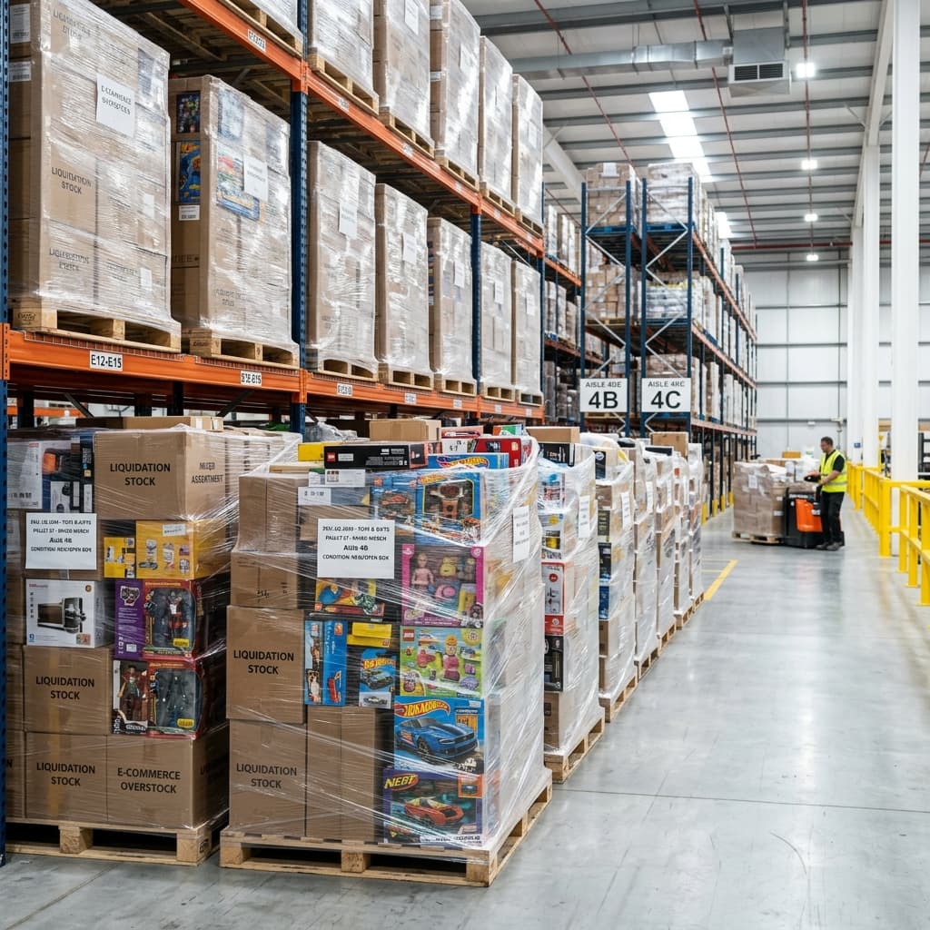 Bulk liquidation pallets stacked in warehouse