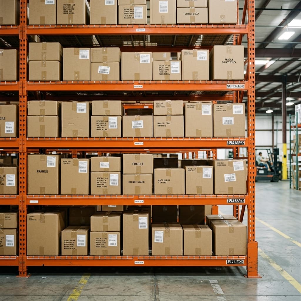 Cardboard boxes stacked on warehouse racking
